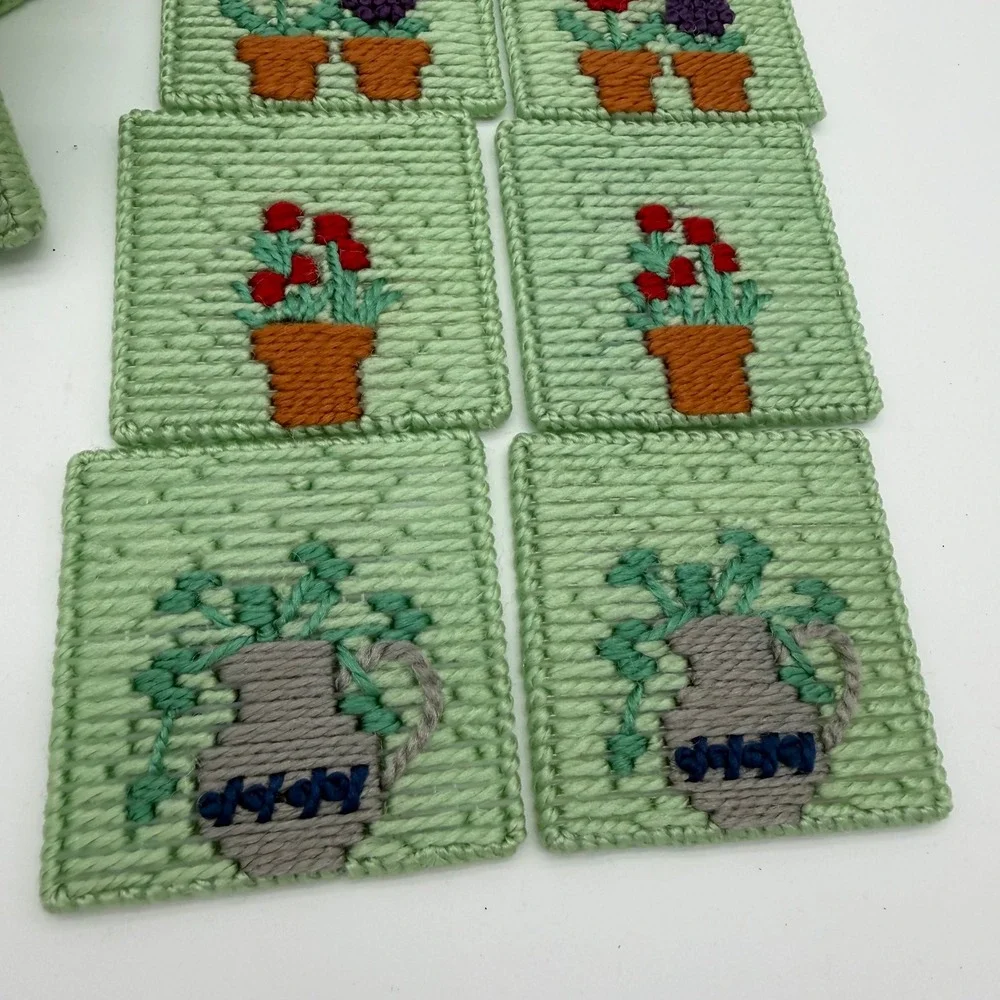 Handmade Needlepoint Coaster Set with Box 8pc Mint Green Floral‎ Vintage 4x4
